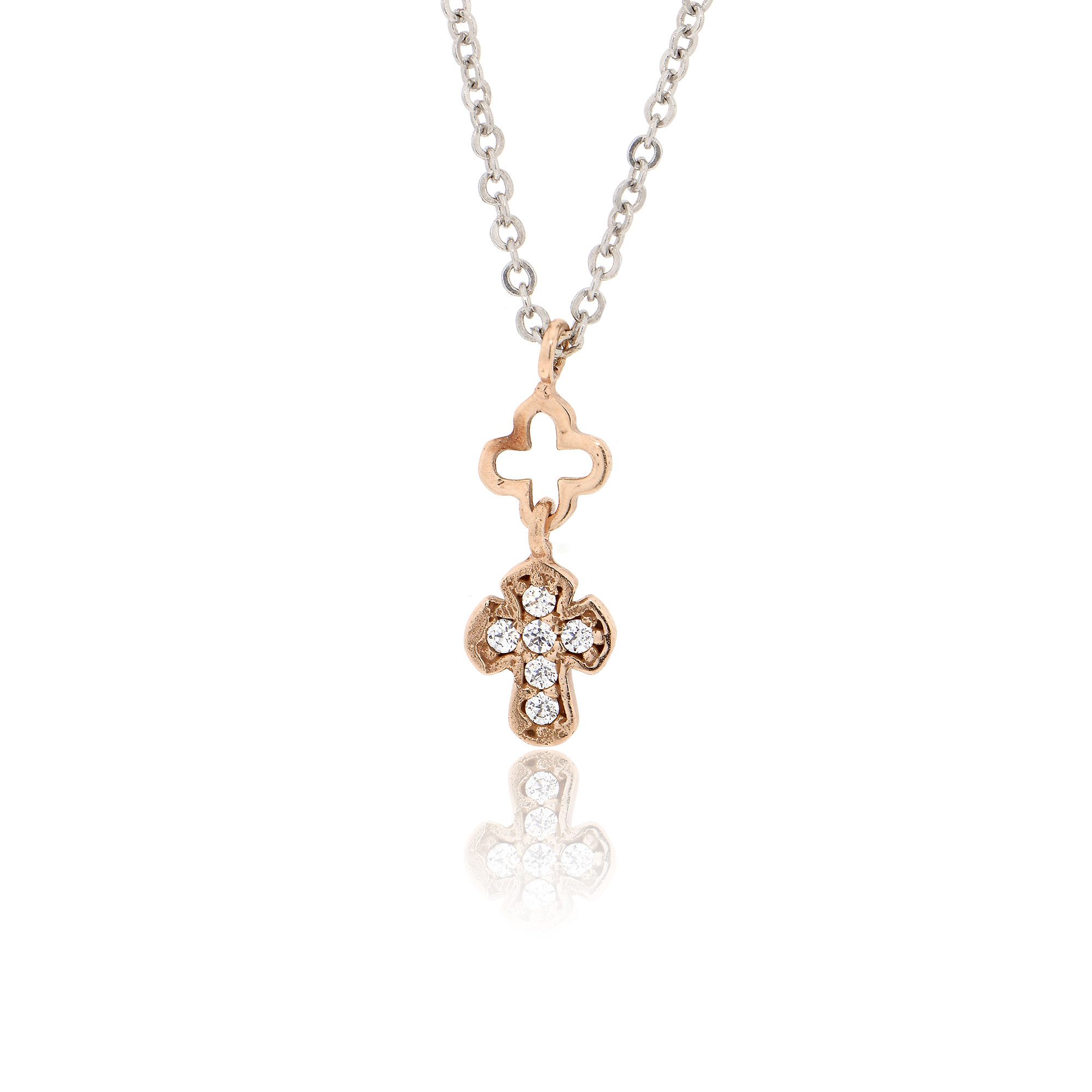 Διπλός Μικρός Σταυρός με Αλυσίδα από Λευκό και Ροζ Χρυσό Κ14 με Πέτρες Ζιργκόν 018957