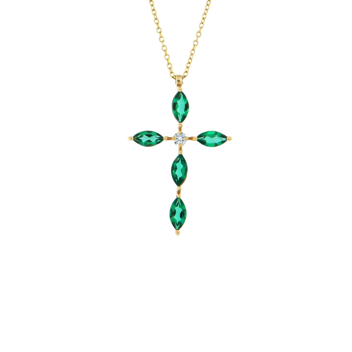 Σταυρός με Αλυσίδα MetronGold από Κίτρινο Χρυσό Κ14 με Διαμάντι και Συνθετικά Σμαράγδια 039264