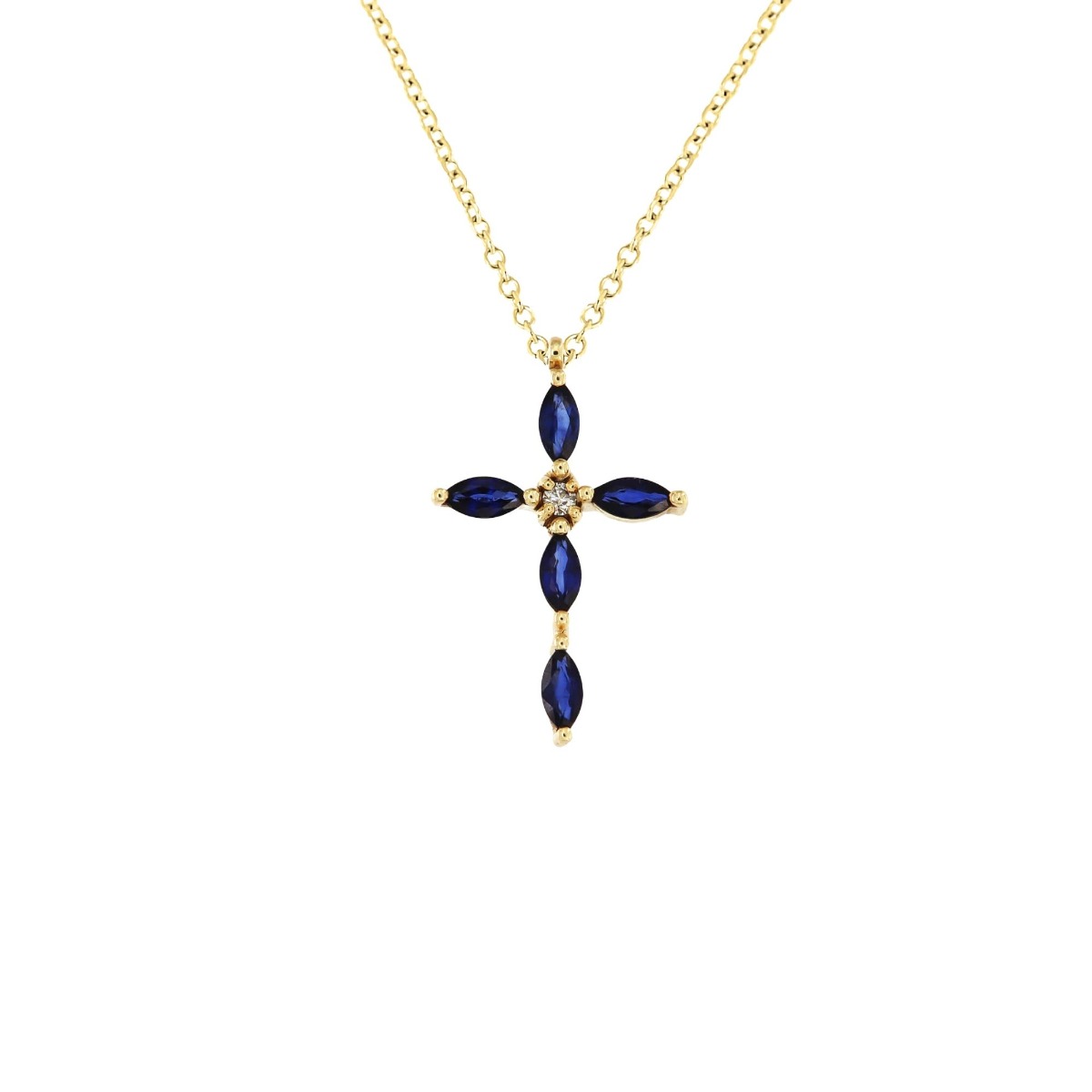 Σταυρός με Αλυσίδα MetronGold από Κίτρινο Χρυσό Κ14 με Διαμάντι και Συνθετικά Ζαφείρια 039265