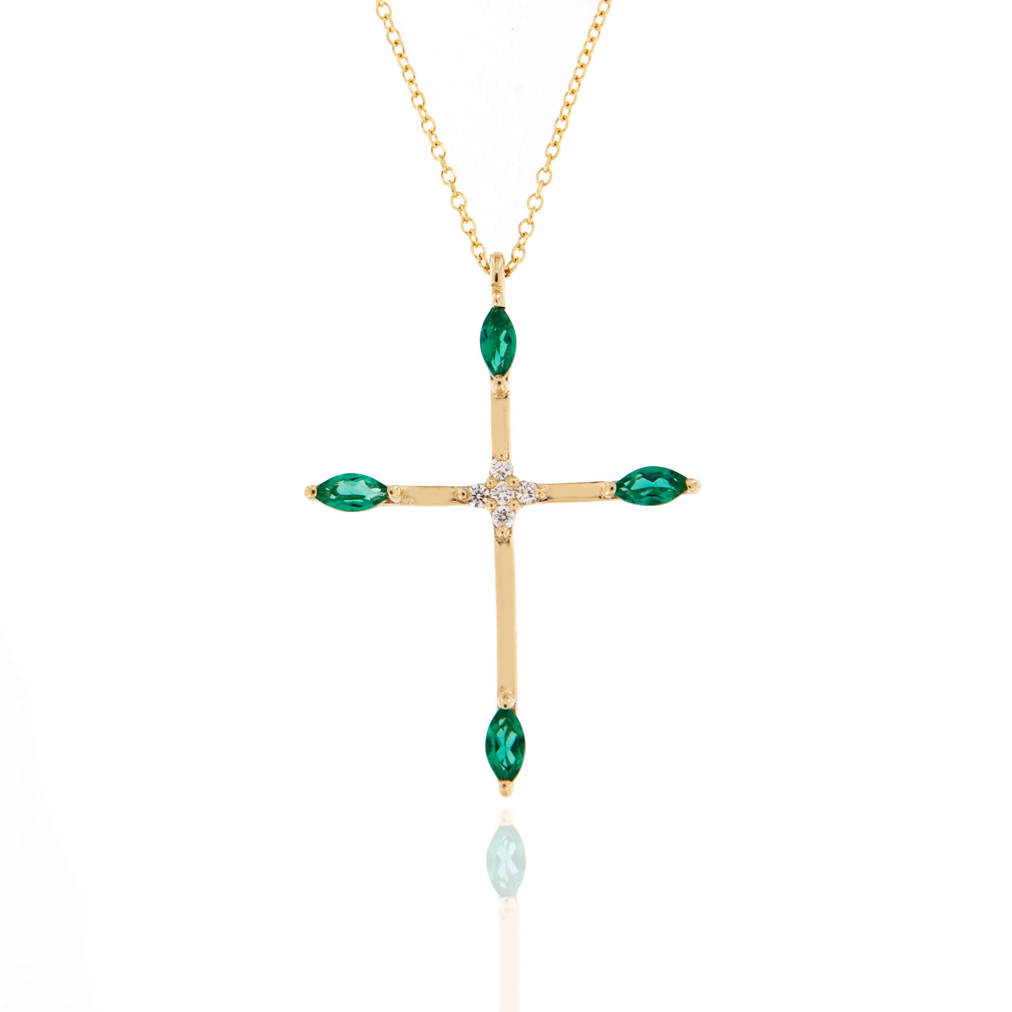 Σταυρός με Αλυσίδα MetronGold από Κίτρινο Χρυσό Κ14 με Διαμάντι και Συνθετικά Σμαράγδια 041050