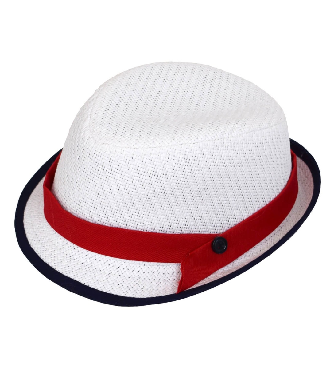 NstNastasia Βαπτιστικό Ψάθινο Λευκό Καπέλο Μπλε Τελείωμα Κόκκινη Τρέσα Κουμπί 1188