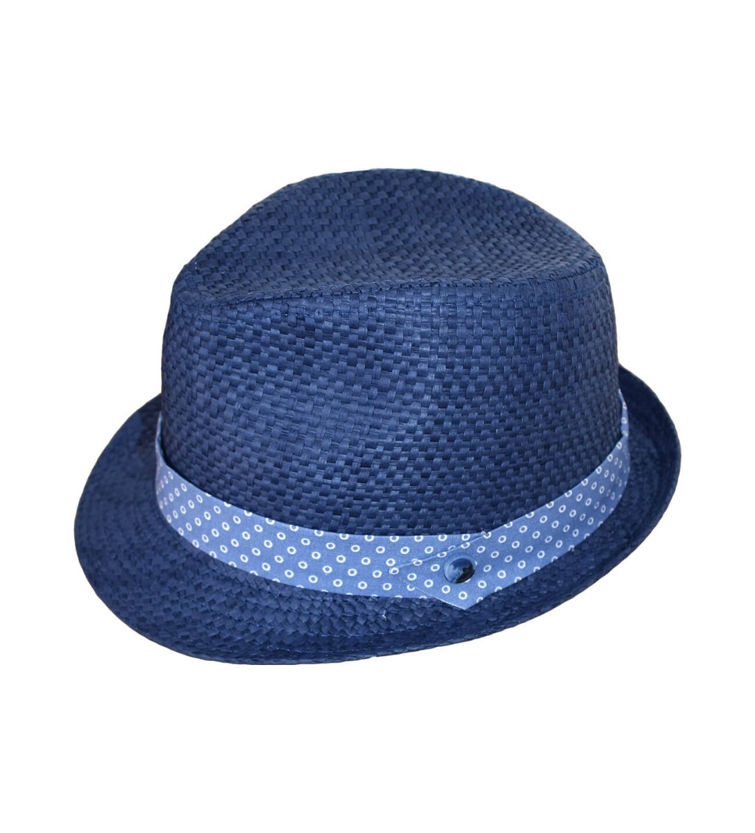 NstNastasia Βαπτιστικό Ψάθινο Μπλε Καπέλο Σιέλ Πουά Τρέσα Κουμπί 4035
