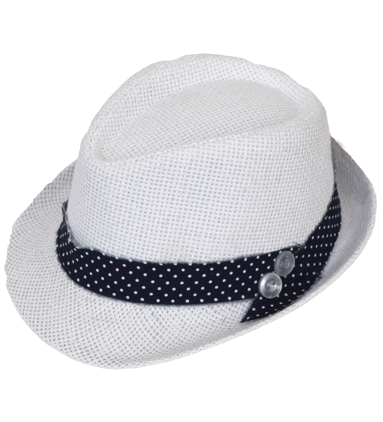 NstNastasia Βαπτιστικό Ψάθινο Λευκό Καπέλο Μπλε Πουά Τρέσα Κουμπιά 1187
