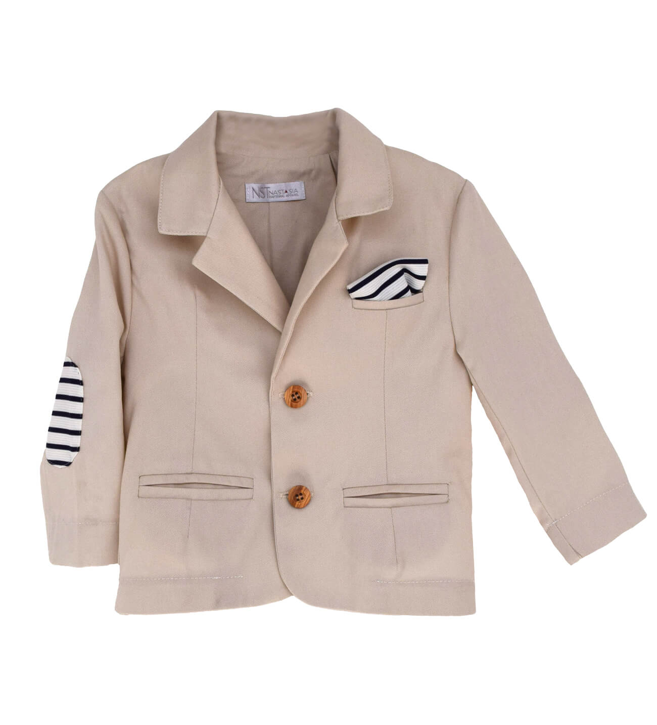 NstNastasia Βαπτιστικό Σακάκι Μπεζ Καπαρντίνα Μαντήλι Αγκώνες Ριγέ 3937
