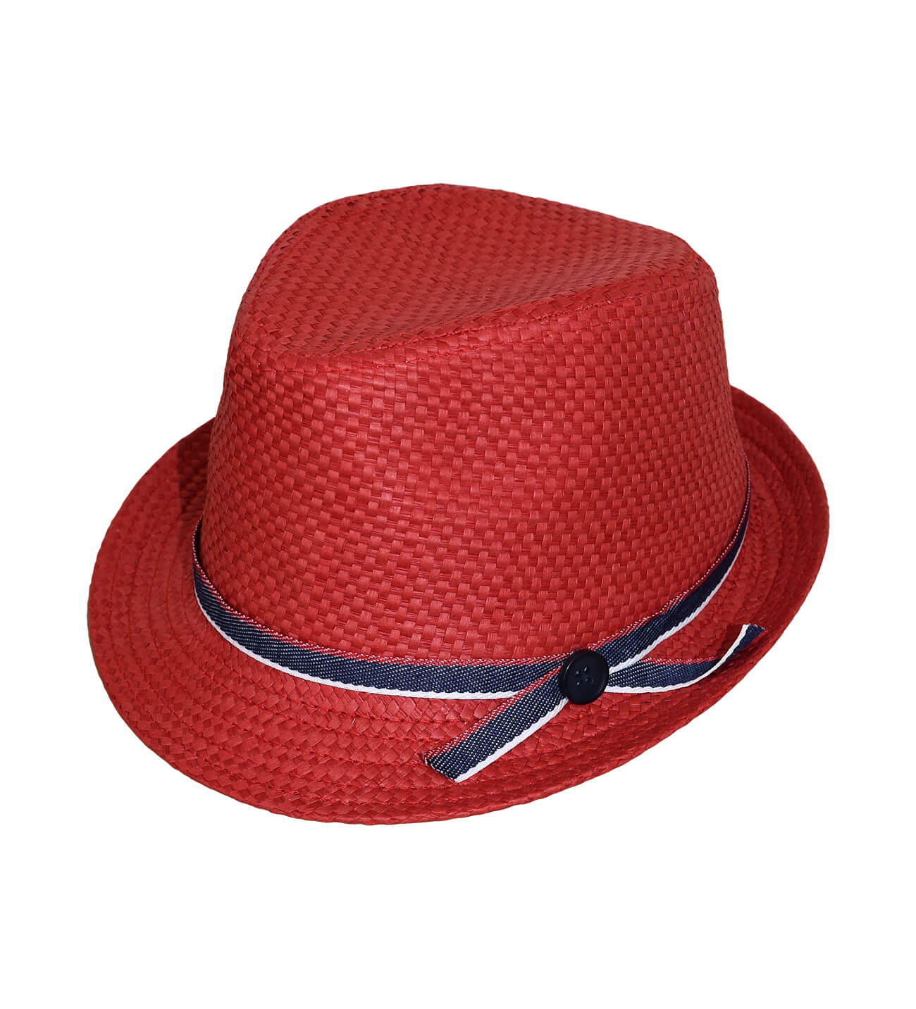 NstNastasia Βαπτιστικό Ψάθινο Κόκκινο Καπέλο Μπλε Τρέσα Κουμπί 4090