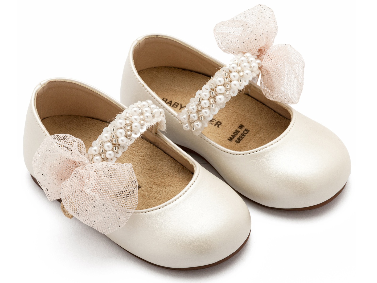 Babywalker Βαπτιστικά Γοβάκια Μονή Μπαρέτα Διακοσμημένη με Χειροποίητο Διακοσμητικό BS3596 Εκρού