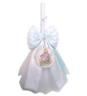 NstNastasia Λαμπάδα Βάπτισης Τιρκουάζ Λευκό Φιόγκο Πέρλες θέμα Αλίκη 0680