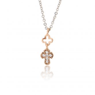 Διπλός Μικρός Σταυρός με Αλυσίδα από Λευκό και Ροζ Χρυσό Κ14 με Πέτρες Ζιργκόν 018957