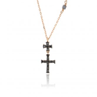 Σταυρός mini Διπλός με Αλυσίδα Ροζ Χρυσό Κ18 με Διαμάντια Μπριγιάν 019233