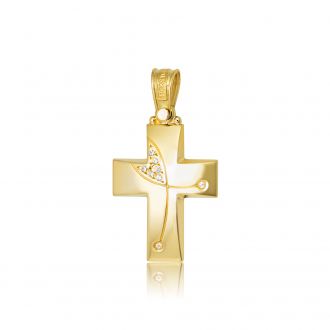 Σταυρός Βάπτισης Τριάντος για Κορίτσι Κίτρινο Χρυσό Κ14 με Πέτρες Ζιργκόν 022667