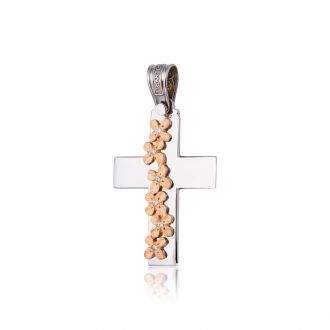 Σταυρός Βάπτισης Τριάντος για Κορίτσι Λευκό Ροζ Χρυσό Κ14 με Πέτρες Ζιργκόν 025618