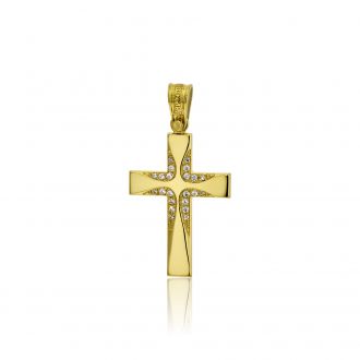 Σταυρός Βάπτισης Τριάντος για Κορίτσι Κίτρινο Χρυσό Κ14 με Πέτρες Ζιργκόν 031632