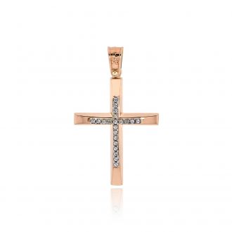 Σταυρός Βάπτισης για Κορίτσι Ροζ και Λευκό Χρυσό Κ14 με Πέτρες Ζιργκόν 033443