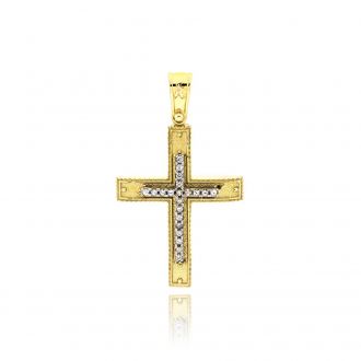 Σταυρός Βάπτισης από Κίτρινο και Λευκό Χρυσό Κ14 και Πέτρες Ζιργκόν 033730