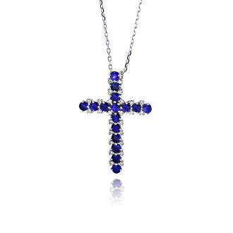 Σταυρός Βάπτισης από Λευκό Χρυσό Κ18 με Διαμάντια και Ζαφείρια 039430