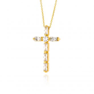 Σταυρός Βάπτισης για Κορίτσι από Κίτρινο Χρυσό Κ14 με Αλυσλίδα και Πέτρες Ζιργκόν 041199