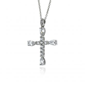 Σταυρός Βάπτισης με Αλυσίδα για Κορίτσι από Λευκό Χρυσό Κ14 με Ζιργκόν 042447