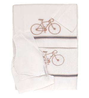 NstNastasia Λαδόπανα βάπτισης Αγόρι Εκρού, Κέντημα Ποδήλατο, 6τεμάχια (Εσώρουχα/ Πετσέτα/ Πετσέτα χεριών/ Σεντόνι) 0810