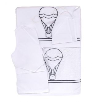 NstNastasia Λαδόπανα βάπτισης Αγόρι Λευκά, Κέντημα Αερόστατο, 6τεμάχια (Εσώρουχα/ Πετσέτα/ Πετσέτα χεριών/ Σεντόνι) 0817