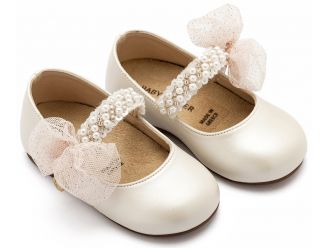 Babywalker Βαπτιστικά Γοβάκια Μονή Μπαρέτα Διακοσμημένη με Χειροποίητο Διακοσμητικό BS3596 Εκρού