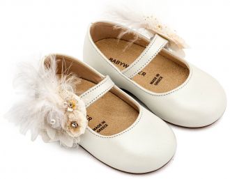 Babywalker Βαπτιστικά Γοβάκια με Λουλούδια και Πούπουλα BW4887 Εκρού