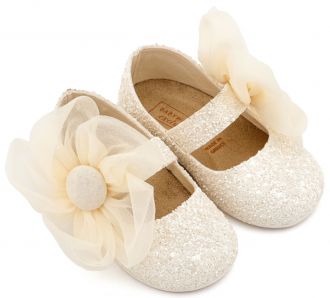 Babywalker Βαπτιστικά Γοβάκια Μονή Μπαρέτα Διακοσμημένο με Μεγάλο Λουλούδι Οργάντζας EXC5899 Εκρού