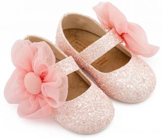 Babywalker Βαπτιστικά Γοβάκια Μονή Μπαρέτα Διακοσμημένο με Μεγάλο Λουλούδι Οργάντζας EXC5899 Ροζ