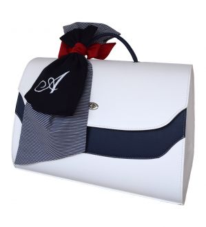 NstNastasia Τσάντα Βάπτισης Μπλε Λευκό Συνθετικό Δέρμα Διπλός Μπλε Ριγέ Φιόγκος Μονόγραμμα Κέντημα 1804