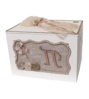NstNastasia Ξύλινο Κουτί Βάπτισης Δαντέλα Λινάτσα Μονόγραμμα 0155
