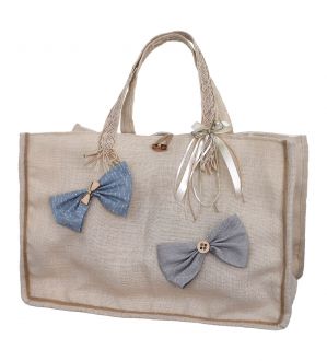 NstNastasia Τσάντα Βάπτισης Εκρού Λινάτσα Φιόγκοι Μέντα Γκρί 1770