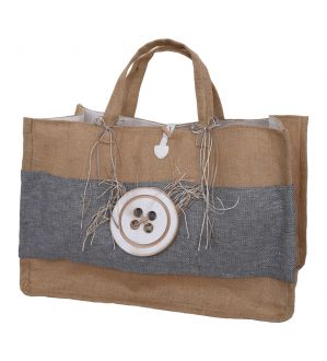 NstNastasia Τσάντα Βάπτισης Μόκα Λινάτσα Γκρι Κουμπί Ξύλινο 1777