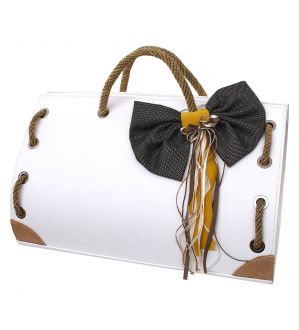 NstNastasia Τσάντα Βάπτισης Λευκό Συνθετικό Δέρμα Σχοινιά Γκρι Κίτρινος Φιόγκος 1826