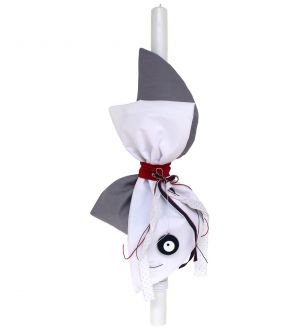 NstNastasia Λαμπάδα Βάπτισης Διπλός Κάθετος Γκρι Λευκός Κόκκινος Φιόγκος Μάτι 0171