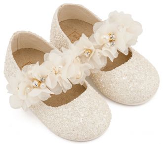 Babywalker Βαπτιστικά Γοβάκια Μονή Μπαρέτα Στρας με Λουλούδια Πέρλες και Κρύσταλα Swarovski  LU6118 Εκρού