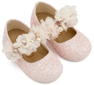 Babywalker Βαπτιστικά Γοβάκια Μονή Μπαρέτα Στρας με Λουλούδια Πέρλες και Κρύσταλα Swarovski  LU6118 Ροζ