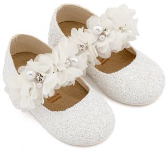 Babywalker Βαπτιστικά Γοβάκια Μονή Μπαρέτα Στρας με Λουλούδια Πέρλες και Κρύσταλα Swarovski  LU6118 σε Λευκό