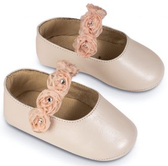 Babywalker Γοβακι Μονή Μπαρέτα με Chiffon Λουλούδια MI1638 Εκρού Ροζ