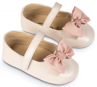 Babywalker Βαπτιστικά  Γοβάκια Μονή Μπαρέτα με Φιογκάκι MI1646 Εκρού Ροζ