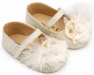 Babywalker Βαπτιστικά Γοβάκια Μονή Μπαρέτα με Υφασμάτινο Χειροποίητο Φιογκάκι MI1663 Εκρού