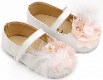 Babywalker Βαπτιστικά Γοβάκια Μονή Μπαρέτα με Υφασμάτινο Χειροποίητο Φιογκάκι MI1663 Λευκό Ροζ