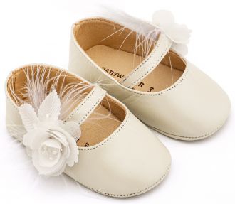 Babywalker Βαπτιστικά Γοβάκια Μονή Μπαρέτα Διακοσμημένα με Λουλούδι και Πούπουλα MI1664 Εκρού