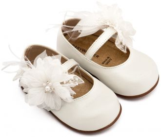 Babywalker Βαπτιστικά Γοβάκια Μονή Μπαρέτα Χειροποίητο Λουλούδι με Πούπουλα PRI2658 Εκρού