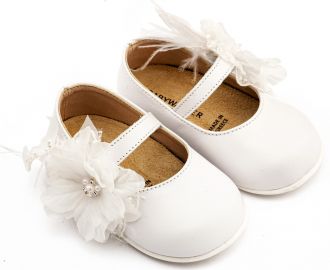 Babywalker Βαπτιστικά Γοβάκια Μονή Μπαρέτα Χειροποίητο Λουλούδι με Πούπουλα PRI2658 Λευκό