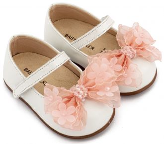 Babywalker Βαπτιστικά Γοβάκια Μονή Μπαρέτα Φιογκάκι Οργάντζας PRI2659 Εκρού Ροζ