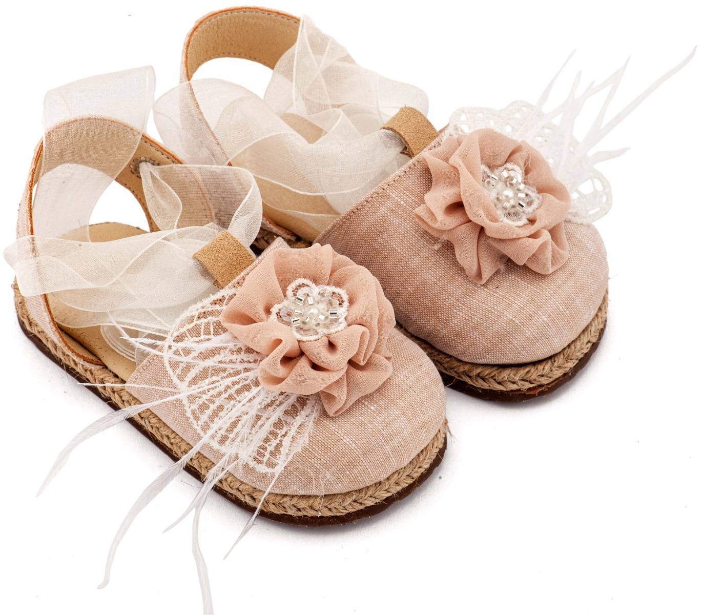 Babywalker Βαπτιστικά Εσπαντρίγιες με Χειροποίητο Διακοσμητικό με Πούπουλα EXC5905 Εκρού Νουντ