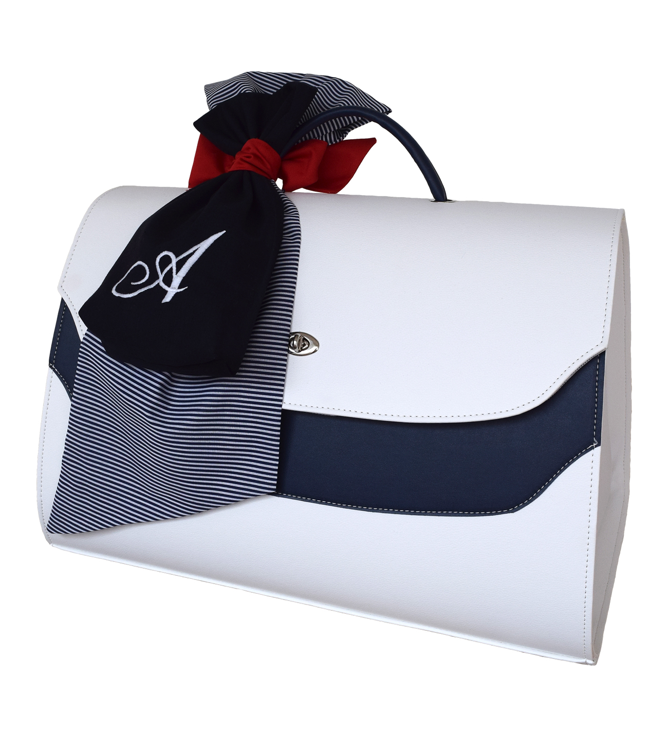 NstNastasia Τσάντα Βάπτισης Μπλε Λευκό Συνθετικό Δέρμα Διπλός Μπλε Ριγέ Φιόγκος Μονόγραμμα Κέντημα 1804