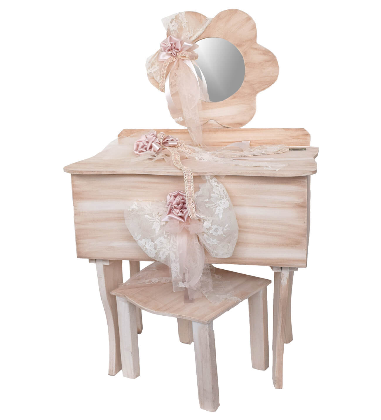 NstNastasia Ξύλινο Μπουντουάρ Βάπτισης με Καθρέφτη Μεταξωτά Λουλούδια Δαντέλα Φιόγκους 0152