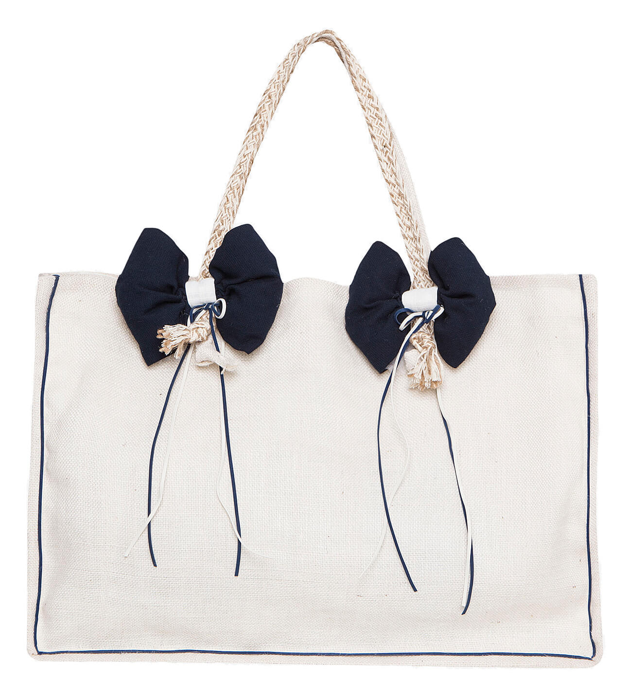 NstNastasia Τσάντα Βάπτισης Εκρού Λινάτσα Μπλε Φιόγκοι 1581