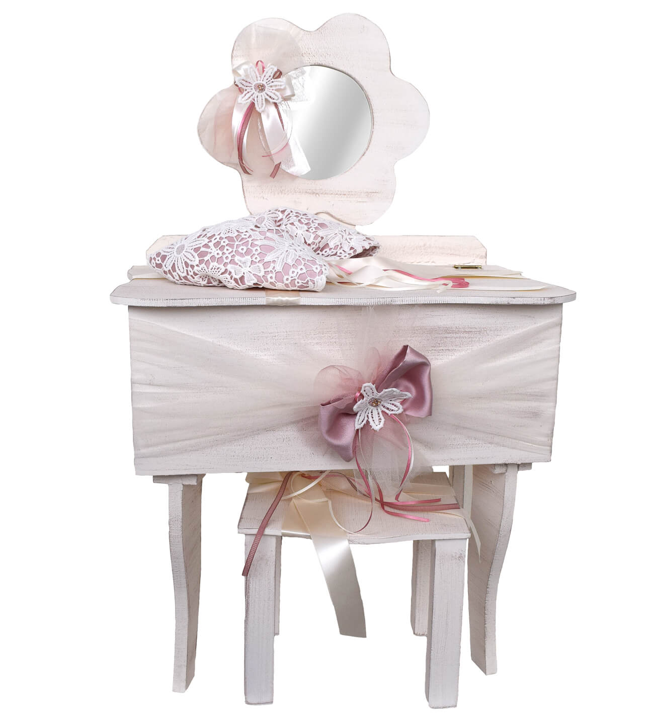 NstNastasia Ξύλινο Μπουντουάρ Βάπτισης με Καθρέφτη Σάπιο Μήλο Μεταξωτό Δαντέλα Γκιπούρ 1820