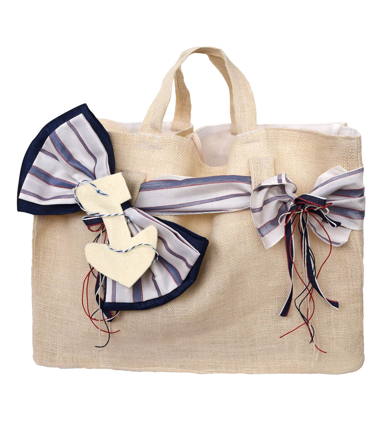 NstNastasia Τσάντα Βάπτισης Εκρού Λινάτσα Μπλε Λευκό Κόκκινο Ριγέ Φίογκο Άγκυρα 1832